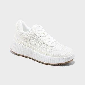 Women's White Tweed Woven Platform Lace-Up Sneaker